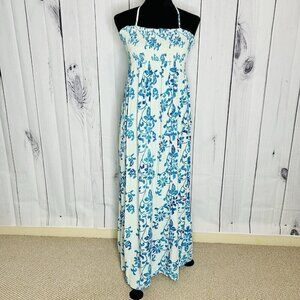 GO FISH Blue Floral Batik Smocked Maxi Halter Sundress Rayon Indonesia Sz M